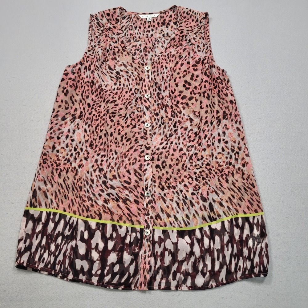 Cabi Women Small Pink Animal Print Sleeveless Button Down Blouse Top Sheer
